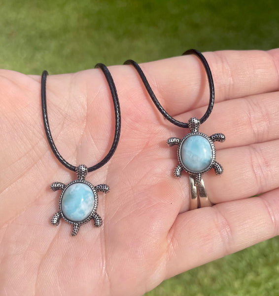 Larimar Silvertone Sea Turtle Necklace With Cord