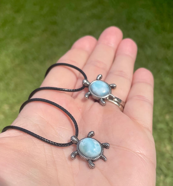 Larimar Silvertone Sea Turtle Necklace With Cord