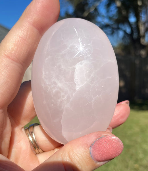 XL Pink Mangano Calcite Crystal Palm Stone
