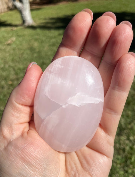 XL Pink Mangano Calcite Crystal Palm Stone