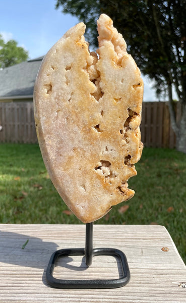 Large Pink Amethyst Slab on Stand With Druzys