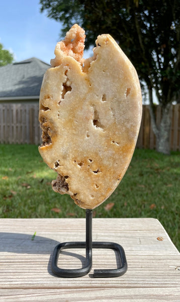 Large Pink Amethyst Slab on Stand With Druzys