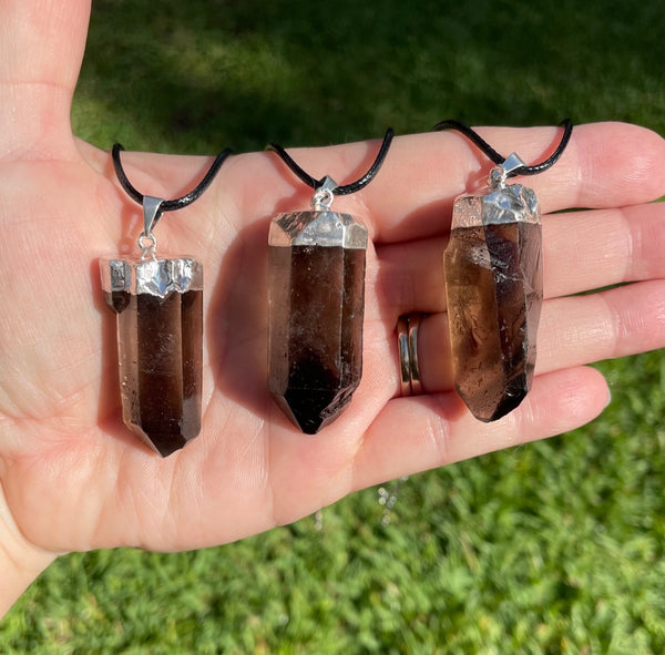 Smoky Quartz Large Point Necklace With Cord Chain
