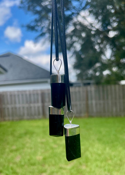 Polished Black Tourmaline Crystal Necklace Cap Pendant With Cord Chain
