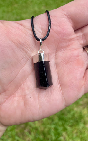 Polished Black Tourmaline Crystal Necklace Cap Pendant With Cord Chain