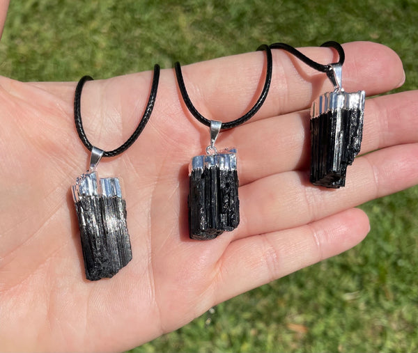 Raw Black Tourmaline Crystal Necklace Pendant With Cord Chain