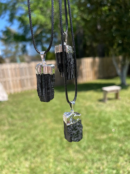 Raw Black Tourmaline Crystal Necklace Pendant With Cord Chain